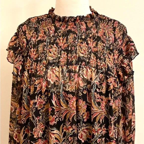 Ophelia Roe Black Red Green Floral Smocked Balloon Sleeve Ruffled Hem Top SZ 3X - Picture 2 of 15